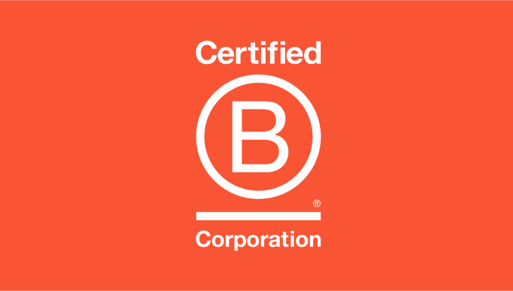 Certified B Corp logo in white set on bright orange background.